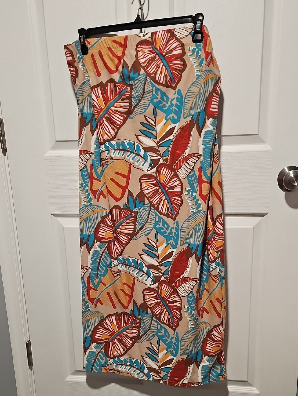 Strapless Tan Dress with Red & Turquoise Leaf Print